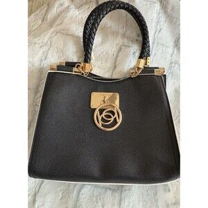 bebe Black Structured Satchel Bag Gold Hardware Braided Handle Medium Purse